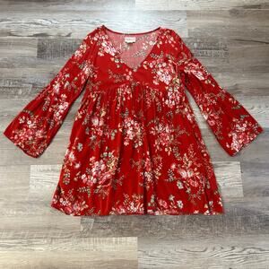Denim & Supply Ralph Lauren Red Floral Bell Sleeve Babydoll Dress Boho L